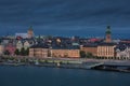 Skyline of Stockholm at night with church Nikolai and Tyska kyrkan on Gamla Stan old town island in Sweden