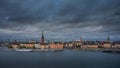 Skyline of Stockholm at night with Riddarholmskyrkan church on Gamla Stan old town island in Sweden