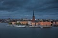 Skyline of Stockholm at night with Riddarholmskyrkan church on Gamla Stan old town island in Sweden