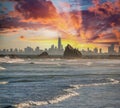 Skyline of Surfers Paradise at sunset - Skyscrapers over the water - Queensland, Australia Royalty Free Stock Photo