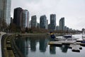 Skyline of Vancouver BC, and the inner harbor and plane Royalty Free Stock Photo