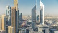 Skyline view of the buildings of Sheikh Zayed Road and DIFC timelapse in Dubai, UAE. Royalty Free Stock Photo