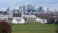 Skyline view of the City of London, the conservatoire and the Thames, across Greenwich Par.