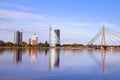 Skyline view of left bank, Kipsala island, and Vansu bridge, Riga, Latvia