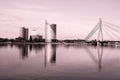 Skyline view of left bank, Kipsala island, and Vansu bridge, Riga, Latvia. Filter applied Royalty Free Stock Photo