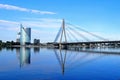 Skyline view of left bank, Kipsala island, and Vansu bridge, Riga, Latvia Royalty Free Stock Photo