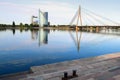 Skyline view of left bank, Kipsala island, and Vansu bridge, Riga, Latvia Royalty Free Stock Photo