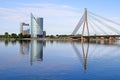 Skyline view of left bank, Kipsala island, and Vansu bridge, Riga, Latvia Royalty Free Stock Photo