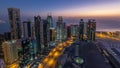 The skyline of the West Bay area from top in Doha night to day timelapse, Qatar. Royalty Free Stock Photo