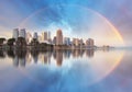 Skyline of West Bay and Doha City Center during rainbow, Qatar