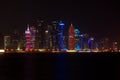 Skyline of West Bay skyscrapers, at night from the Corniche. Doha, Qatar.