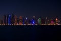 Skyline of West Bay skyscrapers, at night from the Corniche. Doha, Qatar. Royalty Free Stock Photo