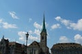 Skyline of Zurich with the tower of FrauenmÃÂ¼nster Church and a lantern and the surrounding historic buildings