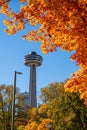 Skylon Tower, autumn maple leaves over blue sky. Fall foliage in Niagara Falls City. Royalty Free Stock Photo
