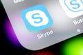 Skype application icon on Apple iPhone X smartphone screen close-up. Skype messenger app icon. Social media icon. Social network.