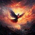 Skys artistry Sunset hues frame abstract bird amidst ethereal evening clouds