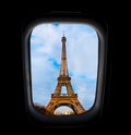 Skyscape through aeroplane window during flight in wing with blue sky. Royalty Free Stock Photo