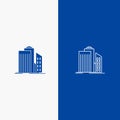 Skyscraper, Architecture, Buildings, Business, Office, Real Estate Line and Glyph Solid icon Blue banner Line and Glyph Solid icon