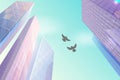 Skyscraper building in city space in flat style concept bottom view and birds doves in the sky