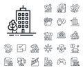 Skyscraper buildings line icon. City architecture with tree sign. Town. Floor plan, stairs and lounge room. Vector Royalty Free Stock Photo