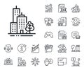 Skyscraper buildings line icon. City architecture with tree sign. Town. Floor plan, stairs and lounge room. Vector Royalty Free Stock Photo