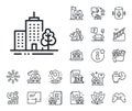 Skyscraper buildings line icon. City architecture with tree sign. Town. Floor plan, stairs and lounge room. Vector Royalty Free Stock Photo