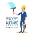 Skyscraper Cleaning Service Vector. Man With Bucket Of Water And Scraper. Royalty Free Stock Photo