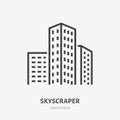 Skyscraper flat line icon. Vector thin sign of urban city, downtown, commercial building rent logo. Apartment house