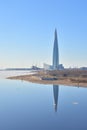 Skyscraper Lakhta Center on coast of frozen Baltic Sea