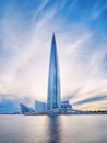 Skyscraper Lakhta center Gazprom headquarters against blue cloudy sky