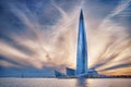 Skyscraper Lakhta center Gazprom headquarters against blue cloudy sky