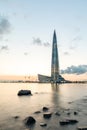 Skyscraper Lakhta center on the shore of the Gulf of Finland at sunset. Lahta-center. Royalty Free Stock Photo