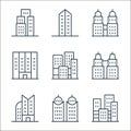 skyscraper line icons. linear set. quality vector line set such as city, city building, tall building, small building, city, hotel