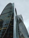 Skyscraper, Moscow City, Glass buildings, evening lights, grey sky