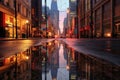 skyscraper reflections on wet city streets after rain Royalty Free Stock Photo