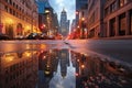 skyscraper reflections on wet city streets after rain