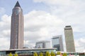 Skyscraper rising in the blue cloudy sky in frankfurt am main germany Royalty Free Stock Photo