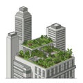 Skyscraper with a rooftop garden featuring lush greenery, shrubs, and small trees. The Royalty Free Stock Photo