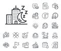 Night city line icon. Skyscraper sleep sign. Plane jet, travel map and baggage claim. Vector Royalty Free Stock Photo