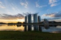 Skyscrapers in sunset at Putrajaya, Malaysia. Building reflecting in the lake Royalty Free Stock Photo