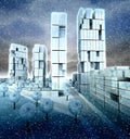 Skyscraper super city at winter cold snowfall Royalty Free Stock Photo