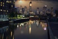 Skyscraper, towers in Downtown Brooklyn seen from Gowanus Canal during sunset