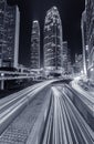 Skyscraper and traffic in downtown district of Hong Kong city in black and white Royalty Free Stock Photo