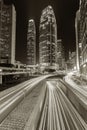 Skyscraper and traffic in downtown district of Hong Kong city in black and white Royalty Free Stock Photo