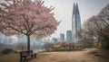 Skyscraper and tree, city life in nature generated by AI