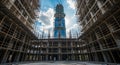 Skyscraper Under Construction Surrounded by Bamboo Scaffolding and Blue Sky building architecture Royalty Free Stock Photo