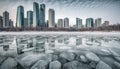 Skyscraper windows reflect snowy cityscape at dusk generated by AI Royalty Free Stock Photo