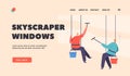 Skyscraper Windows Service Landing Page Template. Washers Male Characters in Uniform with Equipment Cleaning Glasses