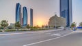 Skyscrapers of Abu Dhabi at sunset with Etihad Towers buildings . Royalty Free Stock Photo