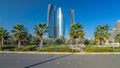 Skyscrapers of Abu Dhabi at morning with Etihad Towers buildings timelapse hyperlapse. Royalty Free Stock Photo